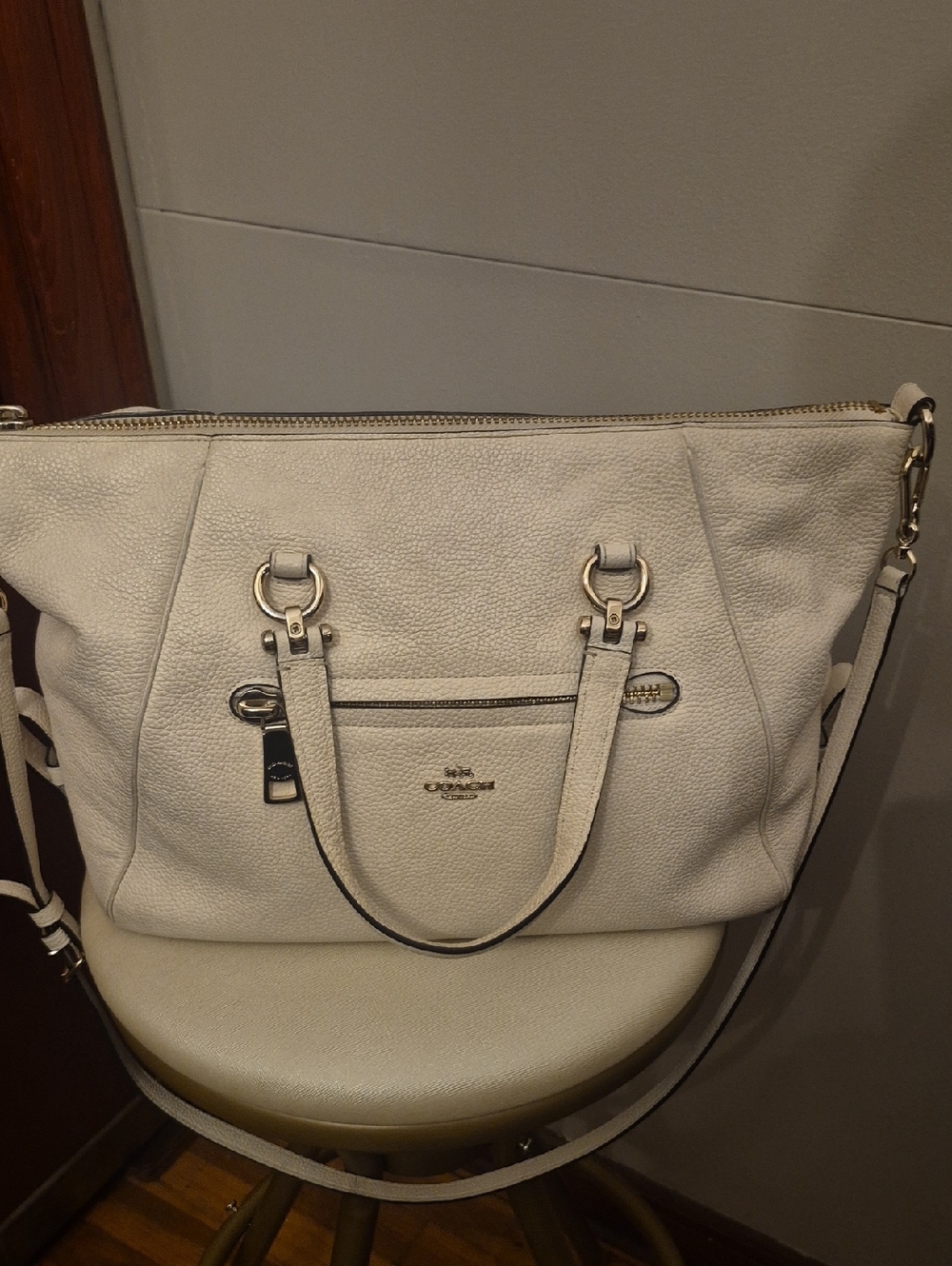 Coach Cream Pebbled Leather Two way Bag with Gold Hardware